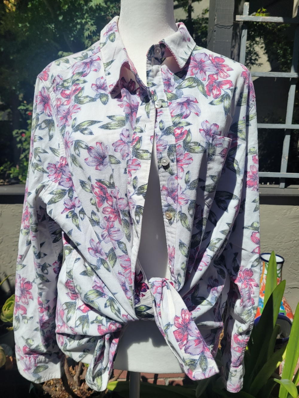 Tommy Bahama White Button-Up Shirt with Pink Floral & Green Leaves